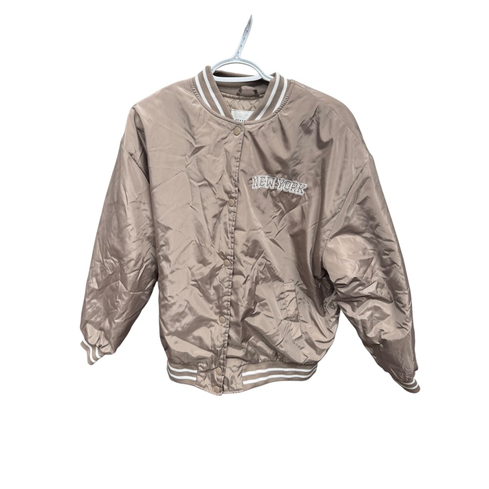 Aeropostale New York Varsity Jacket Bomber Style Beige White Trim Womens